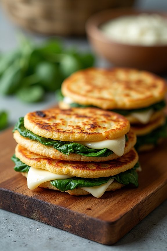 cheesy spinach filled corn cakes
