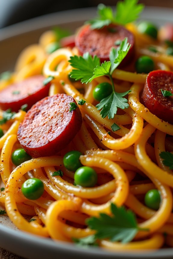 chorizo pasta with peas