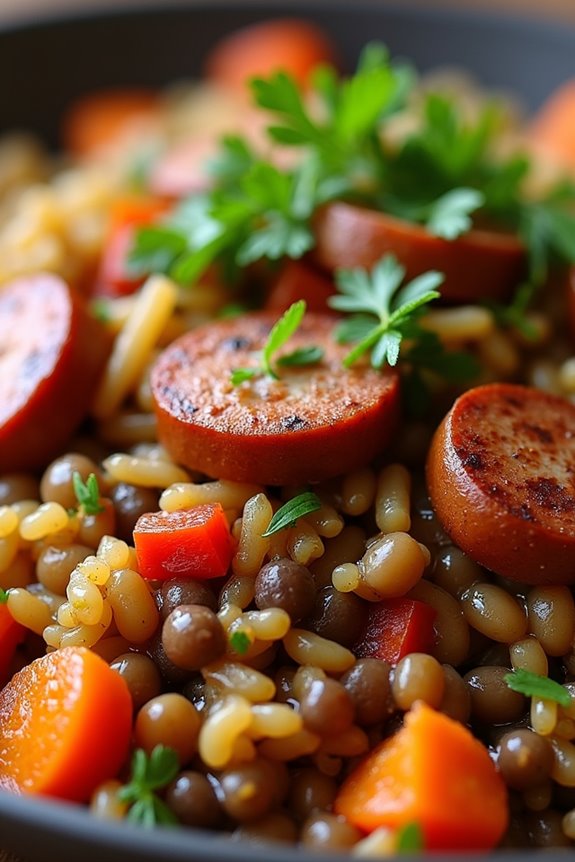 hearty rice lentils sausage dish