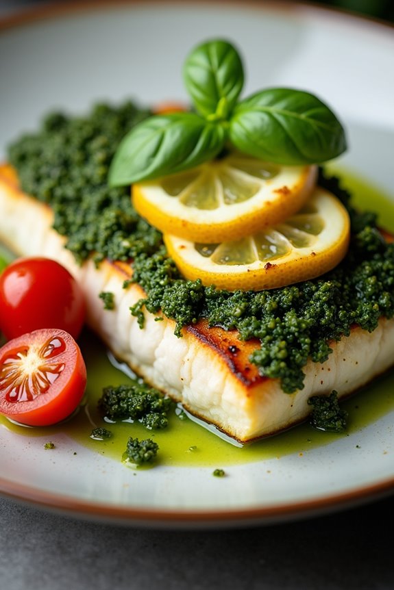 pesto infused flaky sea bass