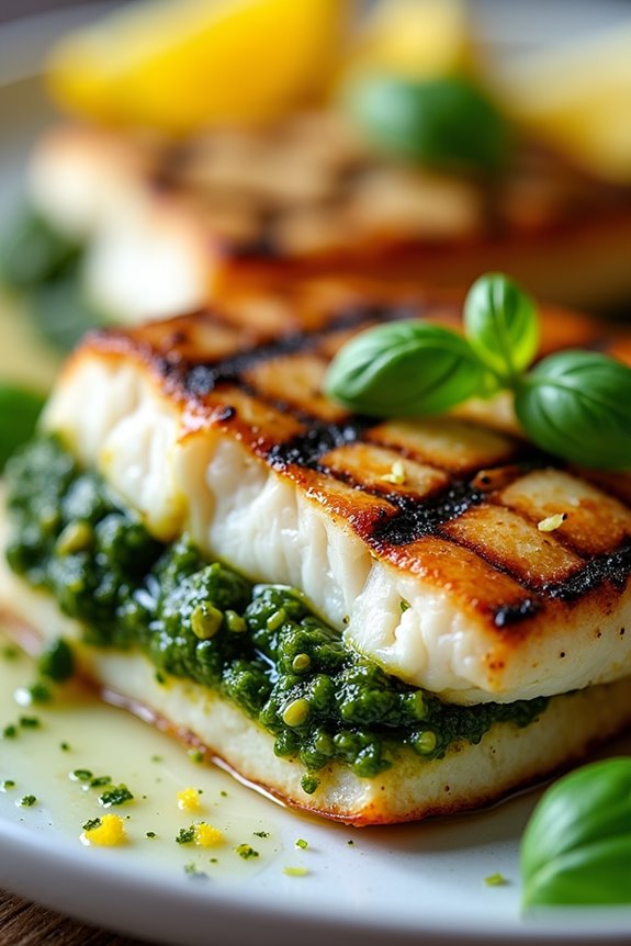 pesto stuffed grilled sea bass