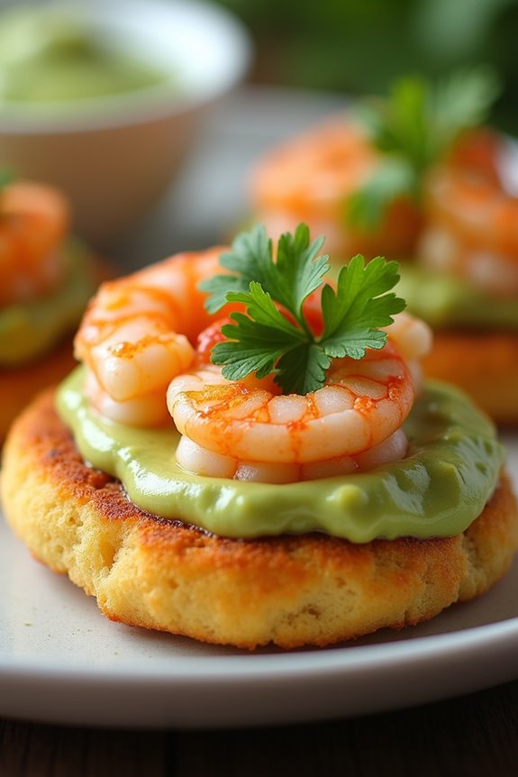shrimp arepas with avocado crema