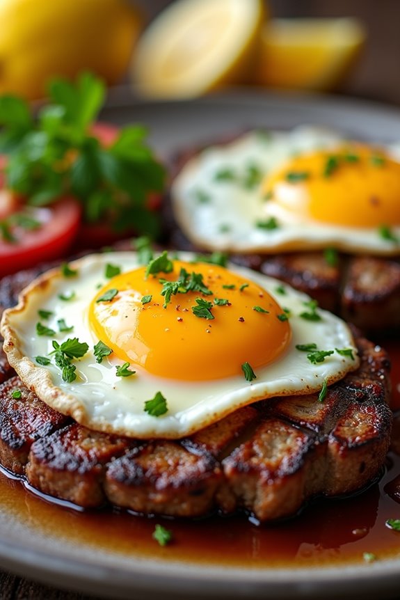 steak topped with eggs