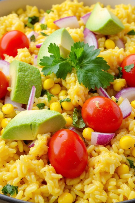 vibrant avocado yellow rice salad